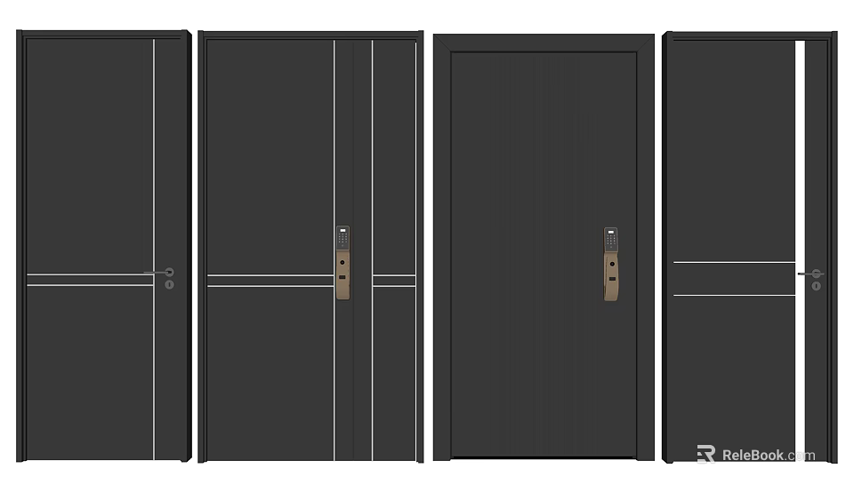 Stylish Modern Black Security Doors With Different Designs And Brass Handles 3d model 