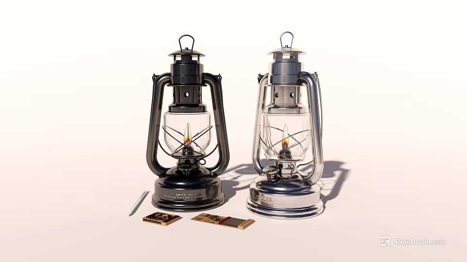 Vintage Oil Lamps In Black And Silver Design With Matchsticks And Matchboxes 3d model 