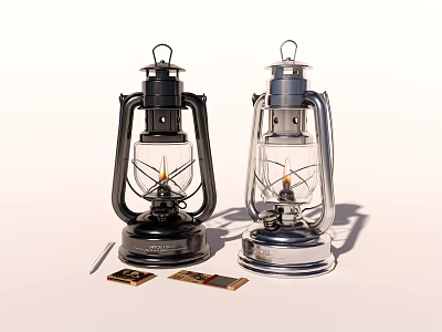 Vintage Oil Lamps In Black And Silver Design With Matchsticks And Matchboxes 3d model