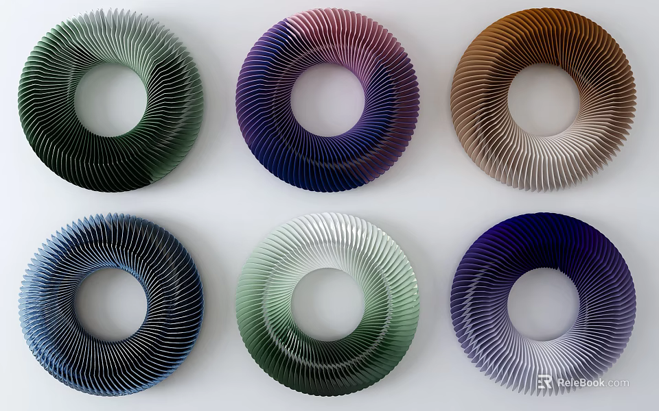 Stylish Spiral Circular Wall Decor With Multicolored Rings Arranged On White Background 3d model 