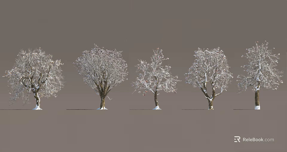 Snow Covered Arbor Trees with Brown Trunks and Bare Branches Arranged in Row 3d model 