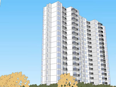 Modern High Rise Building Exterior With Glass Windows Balconies And Green Trees 3d model