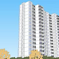 Modern High Rise Building Exterior With Glass Windows Balconies And Green Trees