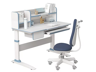Adjustable Height Desk With Bookshelf Books Decor Cup And Ergonomic Chair 3d model