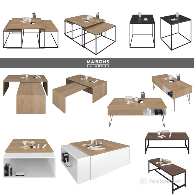 Various Modern Dining Tables With Wooden Tops And Metal Legs For Home 3d model 