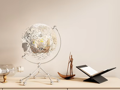 Modern Decorative Ornament Set with Globe Small Boat Model Book Stand and Transparent Bottle 3d model