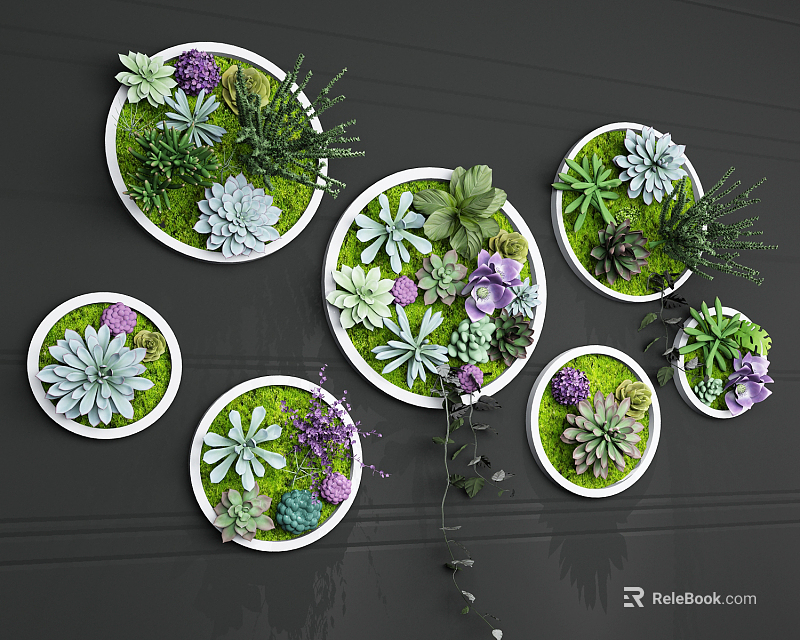 Creative Vertical Garden Design With Circular Planters Succulents Moss And Purple Flowers On Dark Wall 3d model 