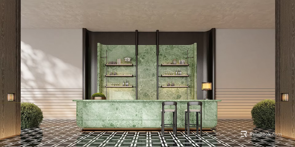 Stylish Bar Interior Featuring Green Marble Counter High Stools And Black White Checkerboard Floor 3d model 