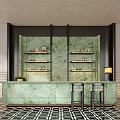 Stylish Bar Interior Featuring Green Marble Counter High Stools And Black White Checkerboard Floor