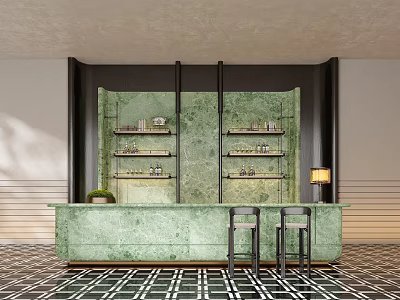 Stylish Bar Interior Featuring Green Marble Counter High Stools And Black White Checkerboard Floor 3d model