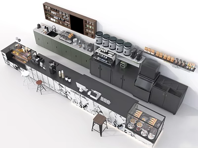 Modern Coffee Shop Interior With Bar Counter Coffee Machines Wall Shelves Canisters And Pastry 3d model