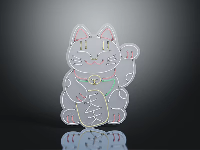 Neon Style Maneki Neko Cat With Waving Paw Collar And Gold Coin 3d model