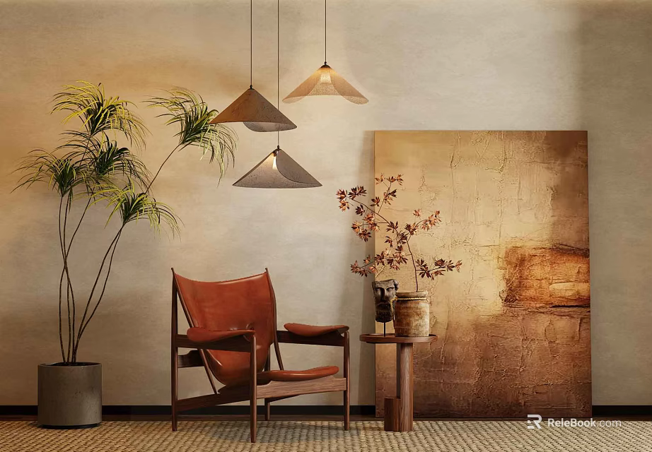 Modern Brown Leather Accent Chair With Pendant Lights Tall Palm Plant And Abstract Wall Art 3d model 