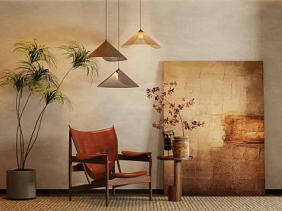 Modern Brown Leather Accent Chair With Pendant Lights Tall Palm Plant And Abstract Wall Art 3d model