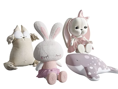 Adorable Plush Toys Featuring Cat Rabbit Whale Designs With Pink Dress And White Polka Dots 3d model