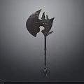 Ornate Battle Axe Weapon With Intricate Metallic Carvings And Decorative Handle Stand