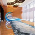 Luxury Corridor With Wooden Walls Wavy Chandeliers And Blue Wave Carpet
