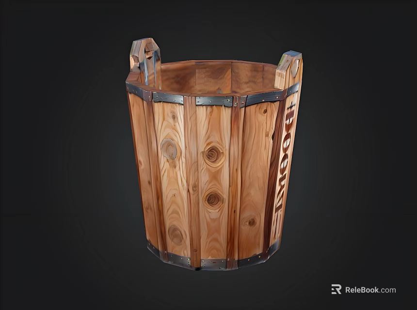 Handcrafted Wooden Bucket With Metal Straps And Natural Wood Grain Details 3d model 