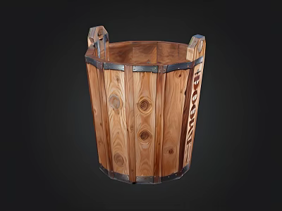 Handcrafted Wooden Bucket With Metal Straps And Natural Wood Grain Details 3d model