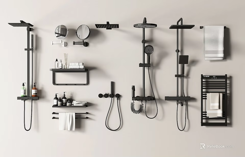 Modern Black Shower System with Wall Mounted Mirror Shelf and Towel Rack 3d model 