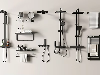 Modern Black Shower System with Wall Mounted Mirror Shelf and Towel Rack 3d model