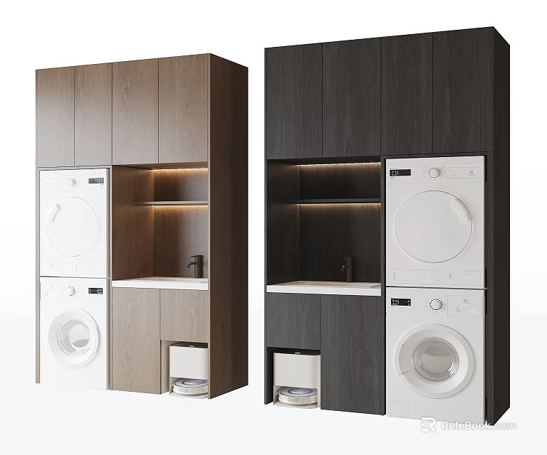Modern Stackable Washing Machines With Light And Dark Wood Built-in Laundry Cabinets 3d model
