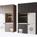 Modern Stackable Washing Machines With Light And Dark Wood Built-in Laundry Cabinets 3d model