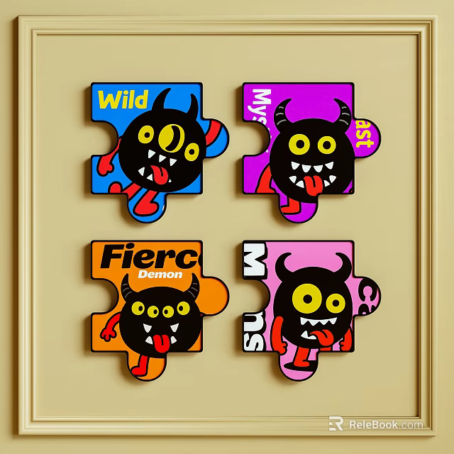 Abstract Painting Featuring Puzzle Shaped Cartoon Demon Figures With Vibrant Colors And Text Labels 3d model 