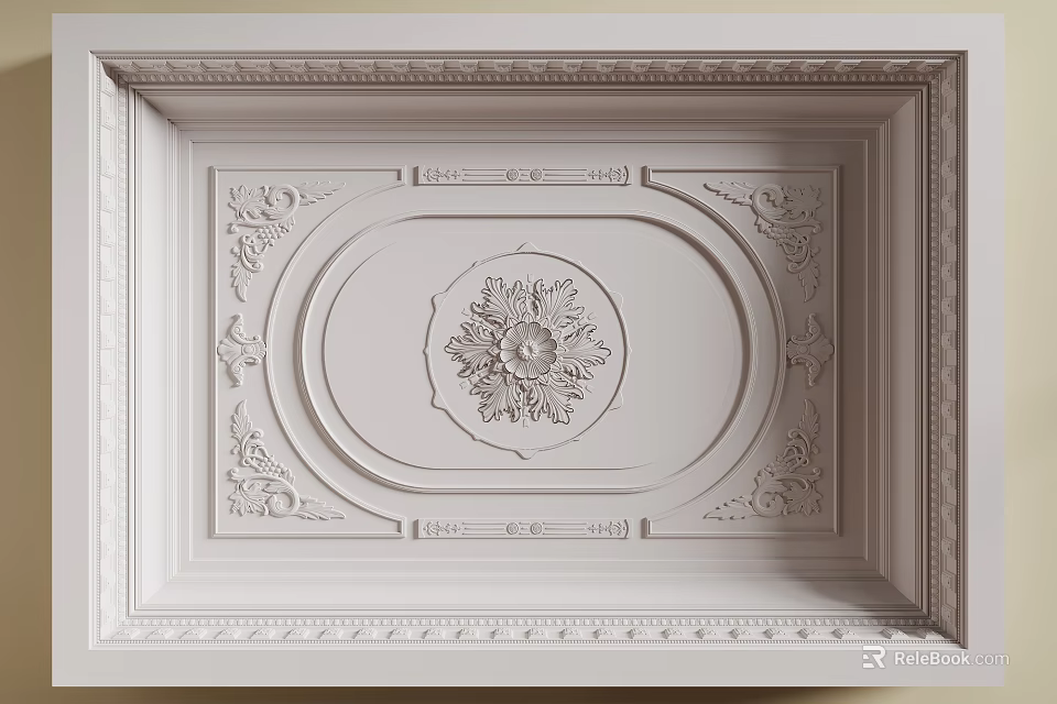 White Decorative Ceiling Design With Carved Circular Pattern And Ornate Frame 3d model