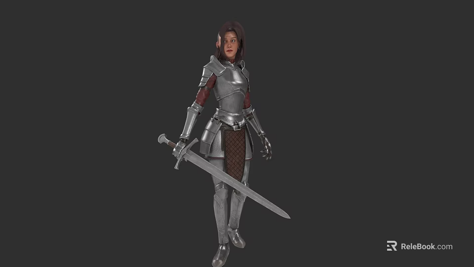 Female Warrior In Silver Armor Holding Long Sword On Gray Background 3d model 