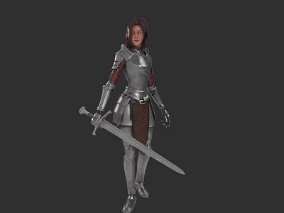 Female Warrior In Silver Armor Holding Long Sword On Gray Background 3d model