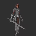 Female Warrior In Silver Armor Holding Long Sword On Gray Background