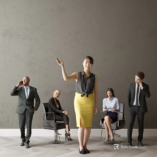 Group of Business Professionals Interacting With One Gesturing in Office Gray Wall Background 3d model 