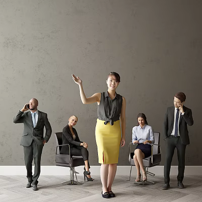 Group of Business Professionals Interacting With One Gesturing in Office Gray Wall Background 3d model