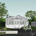 Garden Landscape With White Glass Conservatory Trees Paved Patio And Flowers