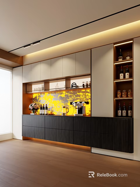 Modern Sideboard With White And Dark Cabinets Wine Rack Coffee Machine And Yellow Accent Wall 3d model 