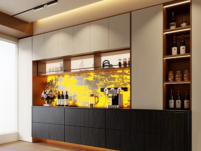Modern Sideboard With White And Dark Cabinets Wine Rack Coffee Machine And Yellow Accent Wall 3d model