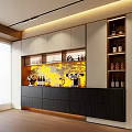 Modern Sideboard With White And Dark Cabinets Wine Rack Coffee Machine And Yellow Accent Wall