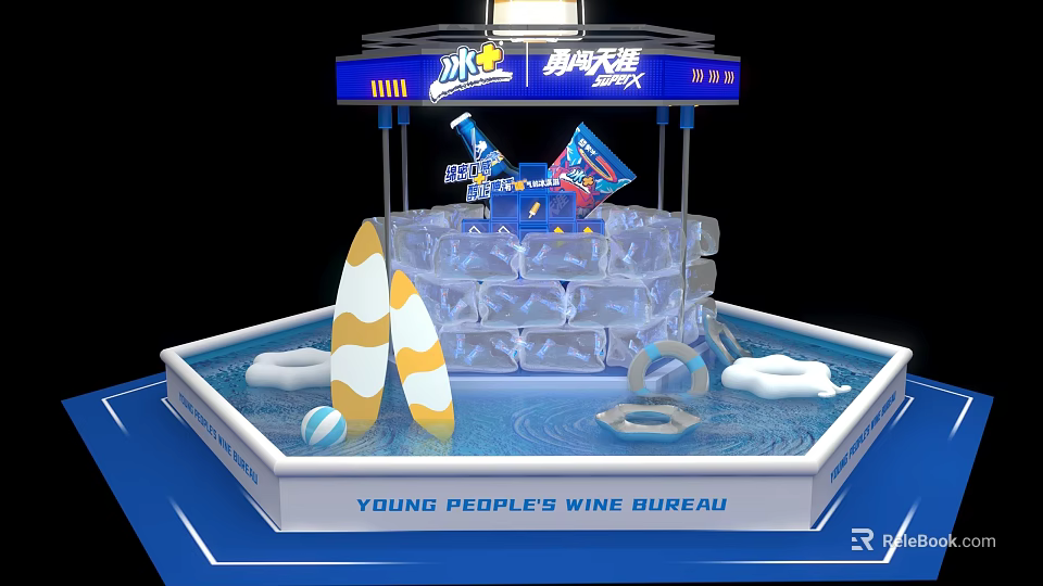 Interactive Zone For Young People's Wine Bureau With Surfboard Swim Ring And Pool 3d model 