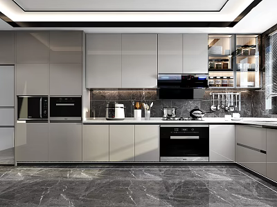 Modern Kitchen Interior Design With Gray Cabinets Marble Countertop And Built-in Appliances 3d model