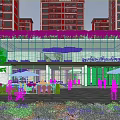 Modern Shopping Mall Store Exterior With Glass Curtain Wall Greenery And Outdoor Seating Area