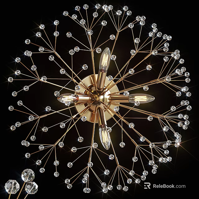 Modern Dandelion Inspired Wall Lamp With Gold Metal Branches And Crystal Beads 3d model 