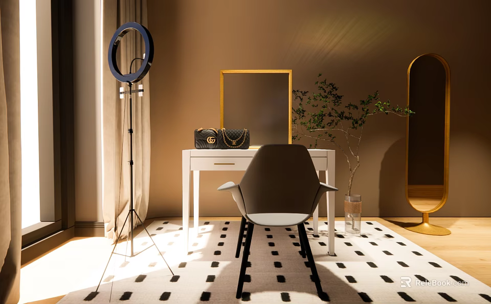 Elegant White Dressing Table With Black Handbag Ring Light Chair Potted Plant And Floor Mirror 3d model 