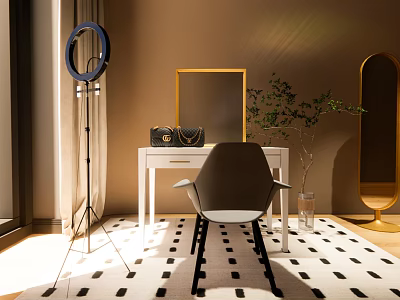 Elegant White Dressing Table With Black Handbag Ring Light Chair Potted Plant And Floor Mirror 3d model