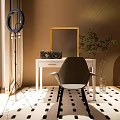 Elegant White Dressing Table With Black Handbag Ring Light Chair Potted Plant And Floor Mirror