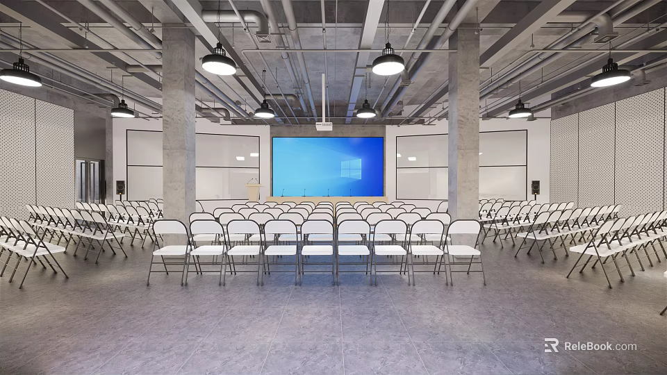 Modern Conference Room With White Folding Chairs Large Blue Screen Hanging Lights and Concrete Pillars 3d model 