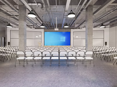 Modern Conference Room With White Folding Chairs Large Blue Screen Hanging Lights and Concrete Pillars 3d model