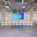 Modern Conference Room With White Folding Chairs Large Blue Screen Hanging Lights and Concrete Pillars