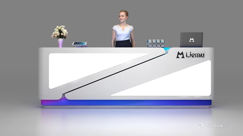 Modern White Reception Desk With Illuminated Base Liemu Logo Vase Tablet And Laptop 3d model 