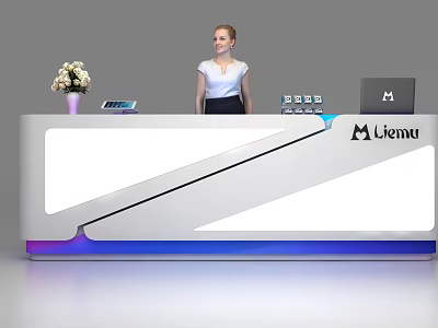 Modern White Reception Desk With Illuminated Base Liemu Logo Vase Tablet And Laptop 3d model